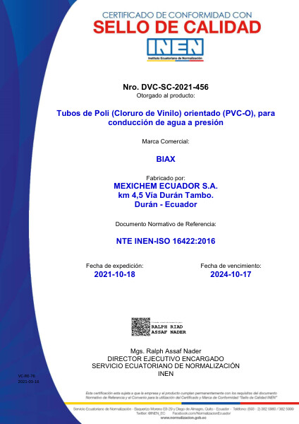 Sello Tubo PVC-O para Agua a Presión NTE INEN ISO 16422