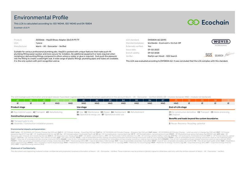 Wavin - UK - Doncaster - Verified-3030666 - Hep2O Brass Adapter 22x34 PFTF-2020-environmental-profile 2023-04-24 1556