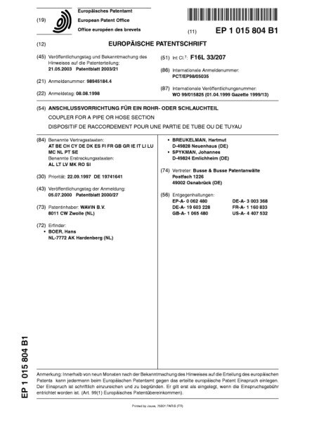 EUROPEAN PATENT OFFICE (UFFICIO BREVETTI EUROPEO) EP 1 015 804 B1