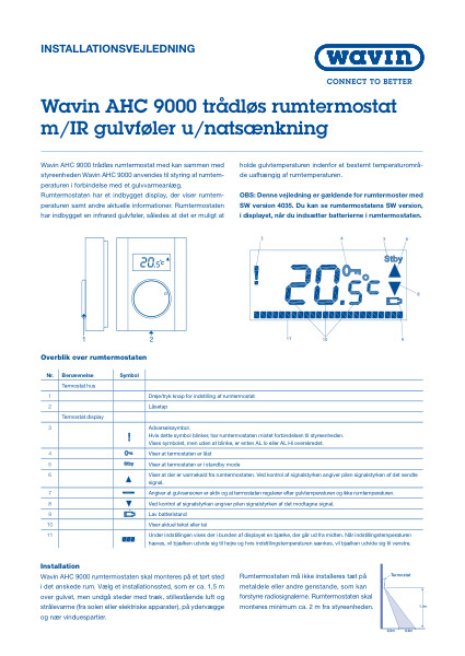 Wavin AHC 9000 trådløs rumtermostat m/IR gulvføler u/natsænkning