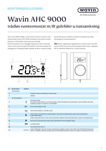Wavin AHC 9000 trådløs rumtermostat m/IR gulvføler u/natsænkning