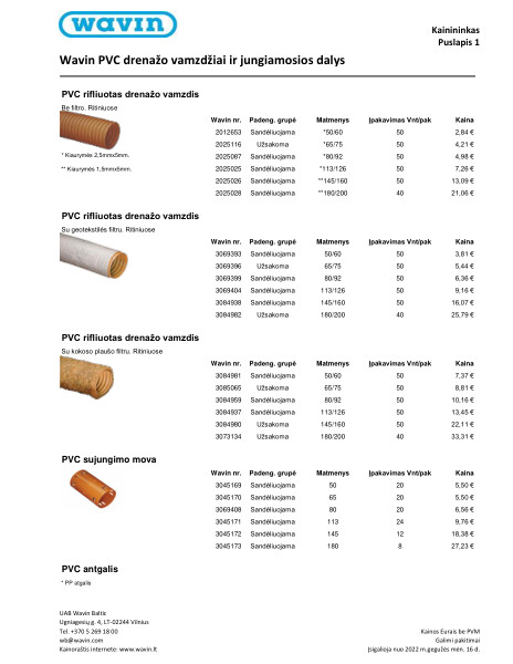 Wavin PVC drenažo vamzdžiai ir jungiamosios dalys