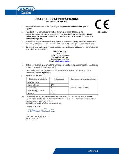 CE Declaration of Performance EuroREK SL