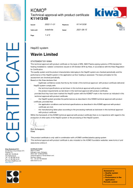 Certificaat KOMO K11413/09 Hep2O system - Radiatoraansluitingen