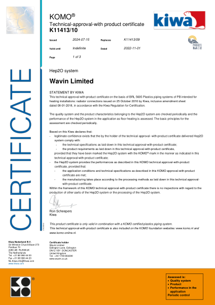 Certificaat KOMO K11413/10 Hep2O system - Radiatoraansluitingen