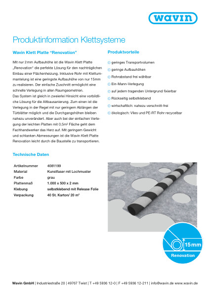 Produktinformation Wavin Klett Platte “Renovation”