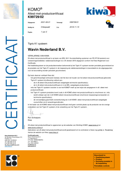 Certificaat KOMO K99729/02 Tigris K1 systeem Ø75mm