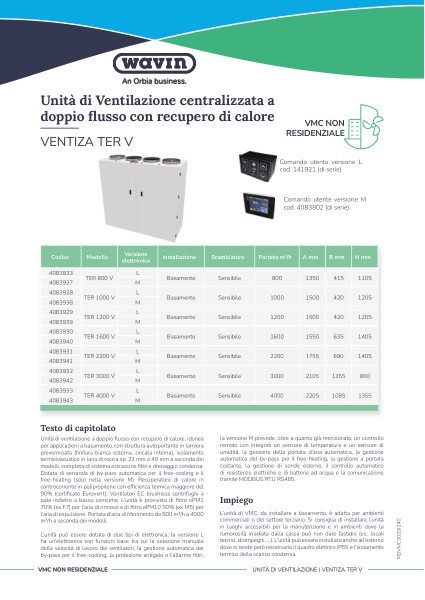 Scheda tecnica unità di Ventilazione centralizzata a doppio flusso con recupero di calore VENTIZA TER V