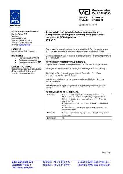 Godkendelse - No. VA 1.22/19292 - Wavin Kompr.kobling f/tilslutning af vægmonterede armaturer til PEX/alupex-rør