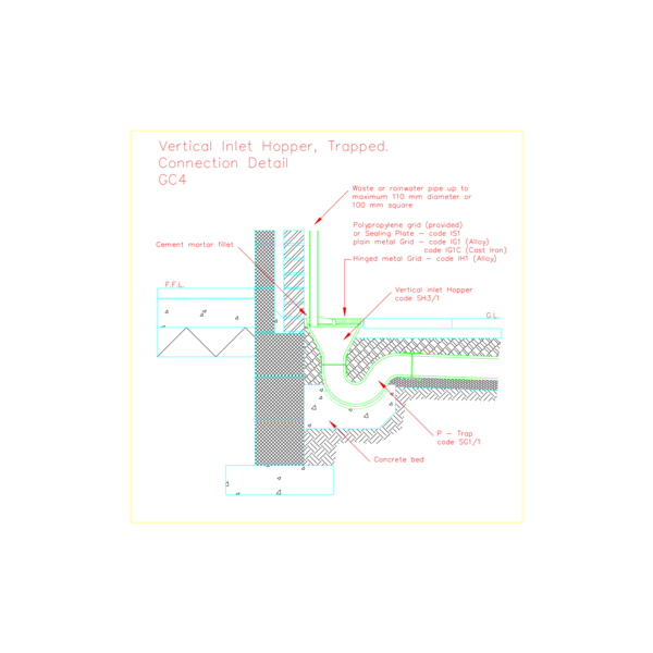 CAD - GC4 Gully connections Vertical inlet hopper trapped 100mm