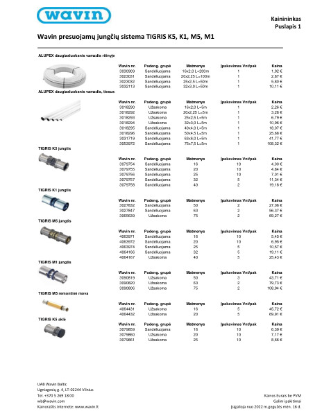 Wavin ALUPEX daugiasluoksnių vamzdžių ir presuojamų jungčių sistema TIGRIS K5, K1, M5, M1