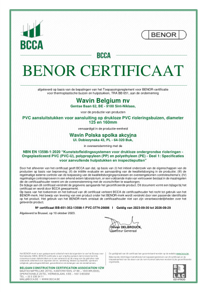 Certificaat BENOR PVC NBN EN 13598-1: PVC aansluitstukken voor aansluiting op drukloze PVC rioleringsbuizen, diameter 125 en 160mm (Buk) - Geldig tot 29-09-2026