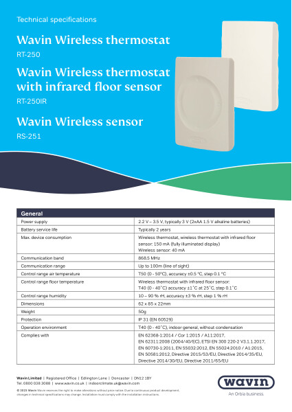 Wavin Sentio Wireless Thermostat and Sensor Data Sheet