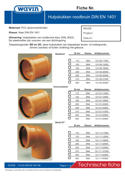 Technische fiche PVC hulpstuk roodbruin DIN EN 1401 / Fiche technique PVC accessoire rouge brique