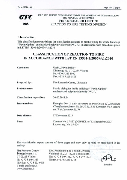 Gaisrinių tyrimų sertifikatas - Optima Classifcation of reaction to fire ENG