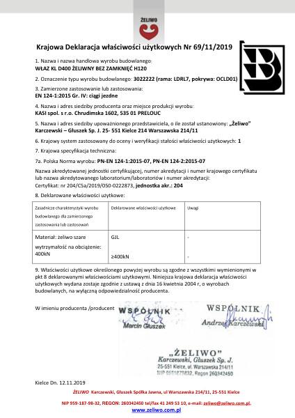 KDWU 69/11/2019 - 3022222 Właz żeliwny D400/600 niewentylowany, bez zamknięcia