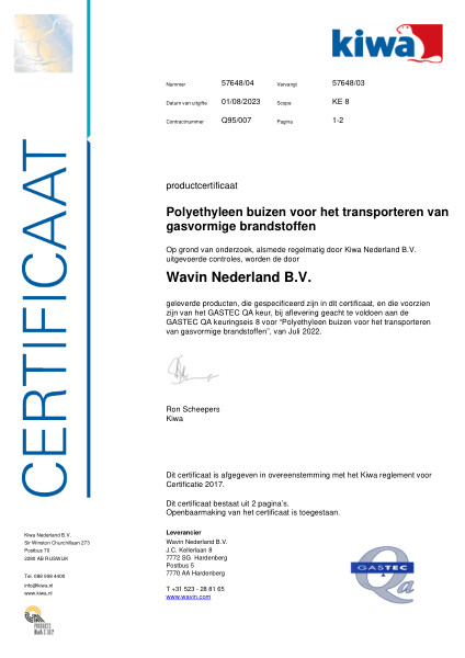 Certificaat GASTEC QA Q95/007 K57648/04 Polyethyleen buizen voor het transporteren van gasvormige brandstoffen