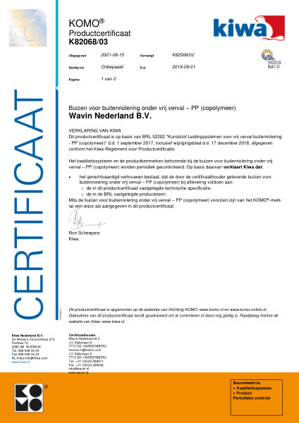 Certificaat KOMO K82068/03 Buizen voor buitenriolering onder vrij verval – PP (copolymeer)