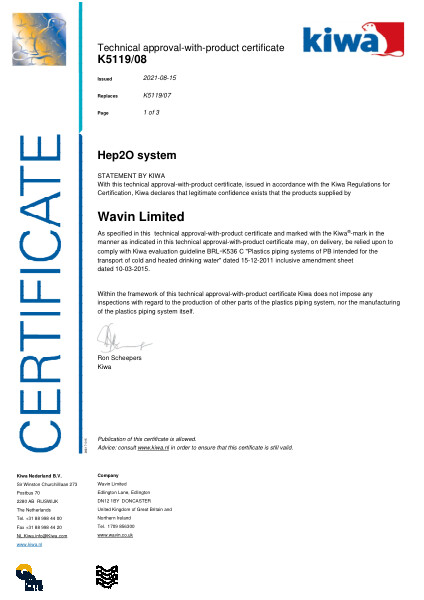 Certificaat Kiwa K5119/08 Hep2O system