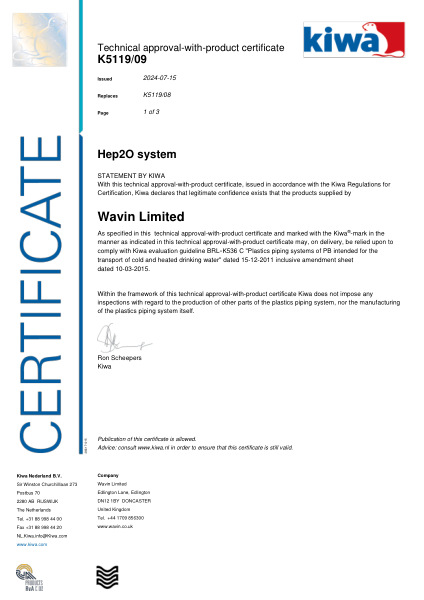 Certificaat Kiwa K5119/09 Hep2O system