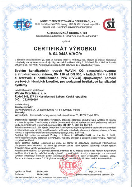 Certifikát výrobku KG potrubí PVC U