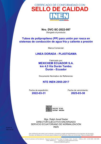 Sello Tubo PP Línea Dorada INEN 2955