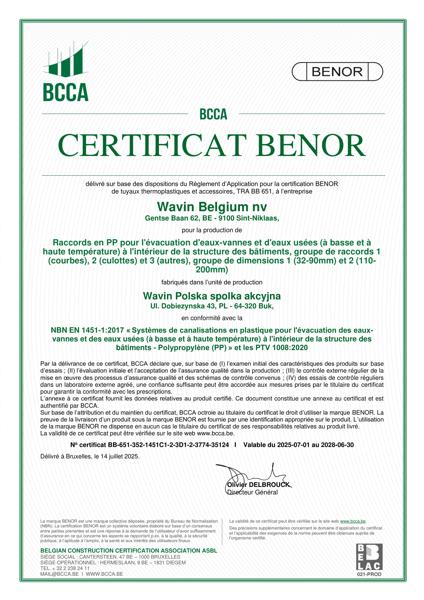 Certificat BENOR PP EN 1451 Raccords en PP pour l'évacuation d'eaux-vannes et d'eaux usées (à basse et à haute température) à l'interérieur de la structure des bâtiments, groupe de raccords 1, 2 et 3, D1 et 2 Buk- Valable au 30.06.2025
