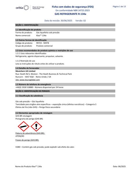 FDS - Gás refrigerante R-134a