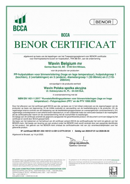 Certificaat BENOR PP EN 1451 PP-Hulpstukken voor binnenriolering (hoge en lage temperatuur) C1,2,3, D1 en 2 Buk - Geldig tot 30.06.2025