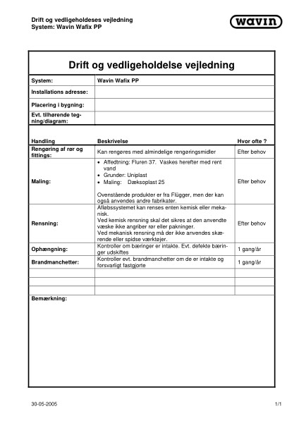 Drift og vedligeholdelse - Wavin Wafix PP