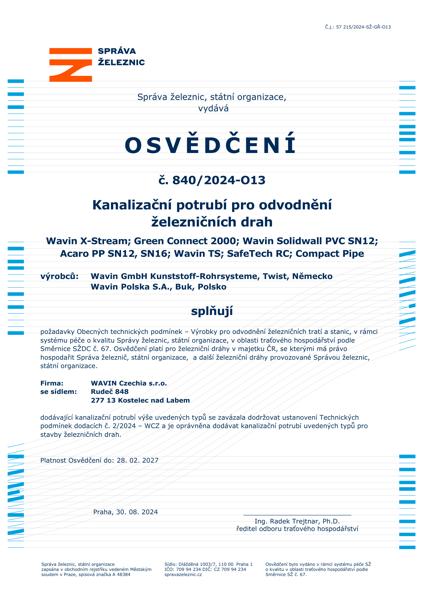 Osvědčení - Správa železničních a dopravních cest - kanalizační potrubí