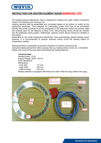 Instruction for heating element wavin Membrane type (Engels) / Instruction pour l'élément chauffant de type membrane wavin (anglais)