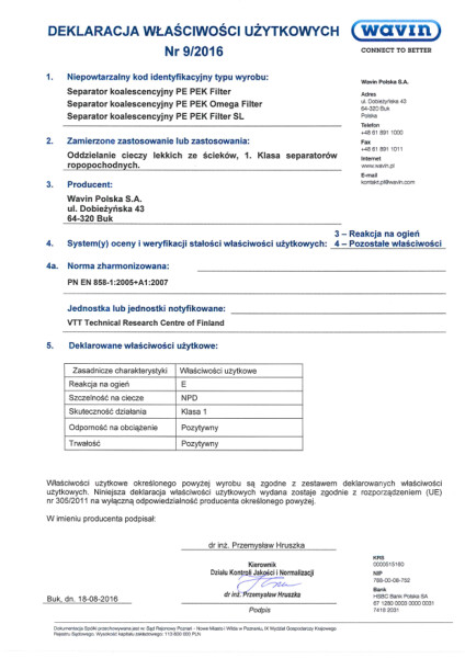 Deklaracja Właściwości Użytkowych 09_2016 Separator koalescencyjny PE PEK Filter.pdf