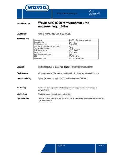 FDV Wavin AHC 9000 romtermostat uten nattsenkning, trådløs