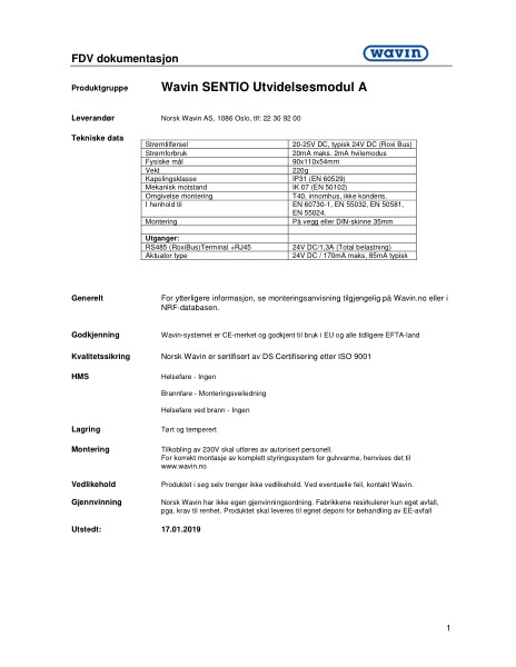 Wavin FDV Sentio utvidelsesmodel A