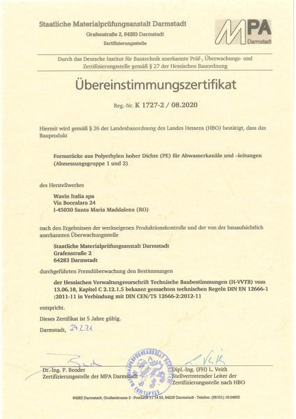 Übereinstimmungszertifikat Formstücke aus Polyethylen hoher Dichte Abwasserkanäle und -leitungen