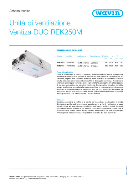 Scheda tecnica Ventiza Duo REK250M