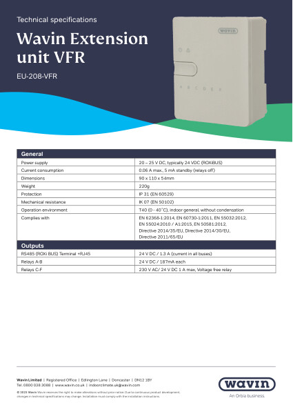 Wavin Sentio Extension Unit VFR Data Sheet