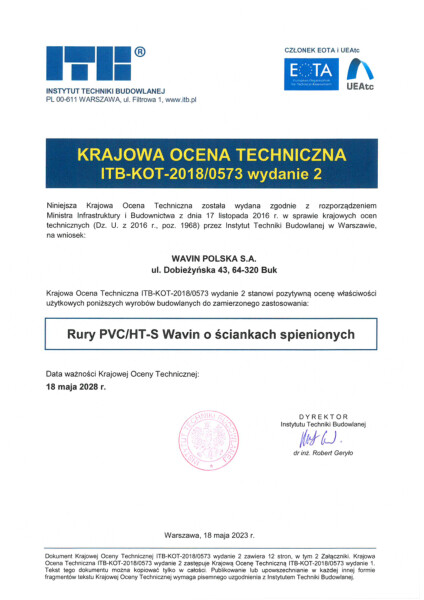 KOT ITB-KOT-2018-0573 wydanie 2 Rury PVC/HT-S kanalizacja wewnętrzna