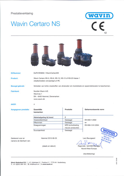 DOP NL - DoP21EN858-1 Wavin CertaroNS - Wavin Certaro NS-3, NS-6, NS-10, NS-15, of NS-20 klasse 1 olieafscheiders vervaardigd uit PE