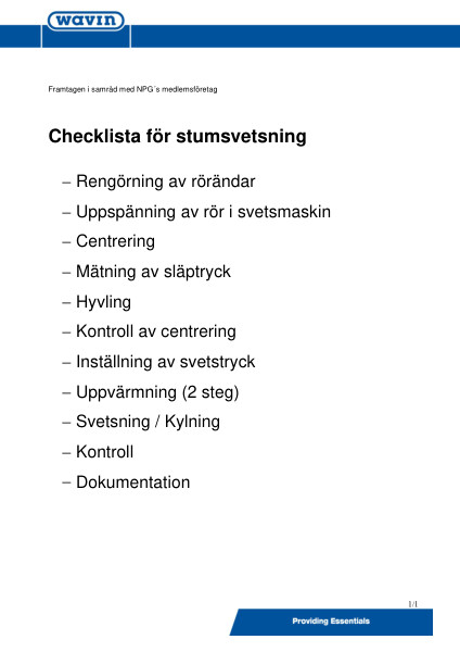 Checklista för Stumsvetsning