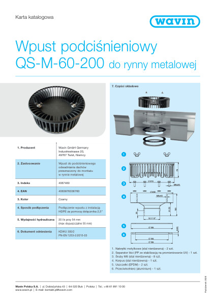 Wpust podciśnieniowy QS-M-60-200 rynna metalowa_Karta katalogowa