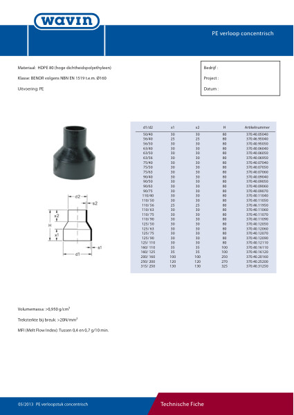 Technische fiche PE verloopstuk concentrisch