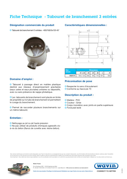 Fiche technique - Tabouret de branchement 3 entrées 400/160/3x125 45°