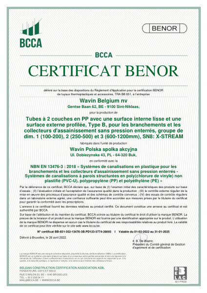 Certificat BENOR PP EN 13476-3 X-Stream tubes SN8 Buk - Valable au 31.01.2025