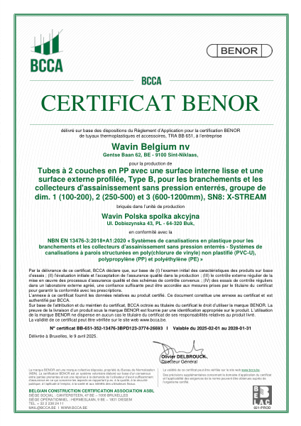 Certificat BENOR PP EN 13476-3 X-Stream tubes SN8 Buk - Valable au 31.01.2028