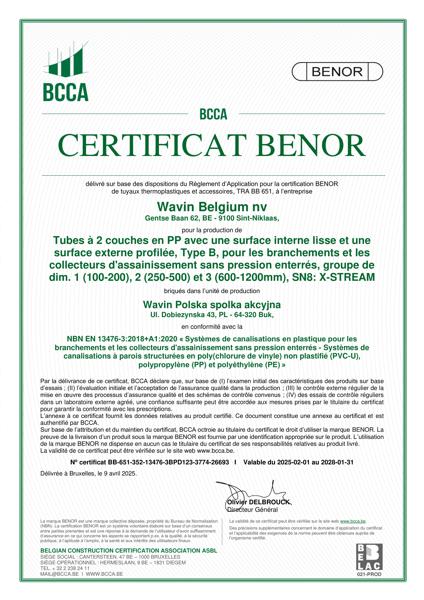 Certificat BENOR PP EN 13476-3 X-Stream tubes SN8 Buk - Valable au 31.01.2028