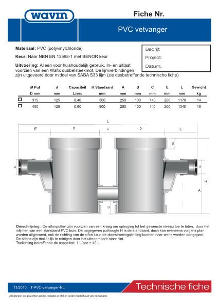 Technische fiche PVC vetvanger / Fiche technique séparateur à graisses