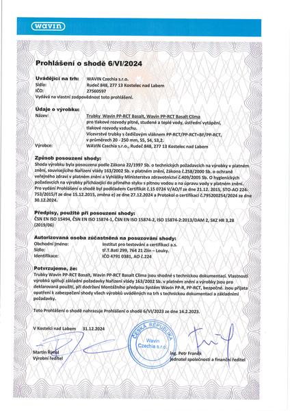 Prohlášení Wavin PP-RCT Basalt, Basalt Clima – voda, vytápění, vzduch
