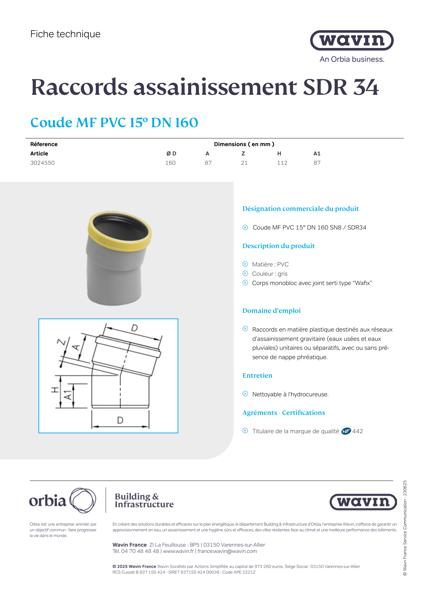 Fiche technique - SDR34 Coude MF PVC 15° 160